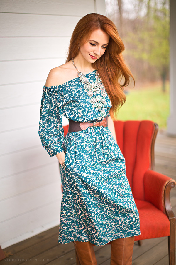 Off-the-shoulder teal dress | GildedMaven.com