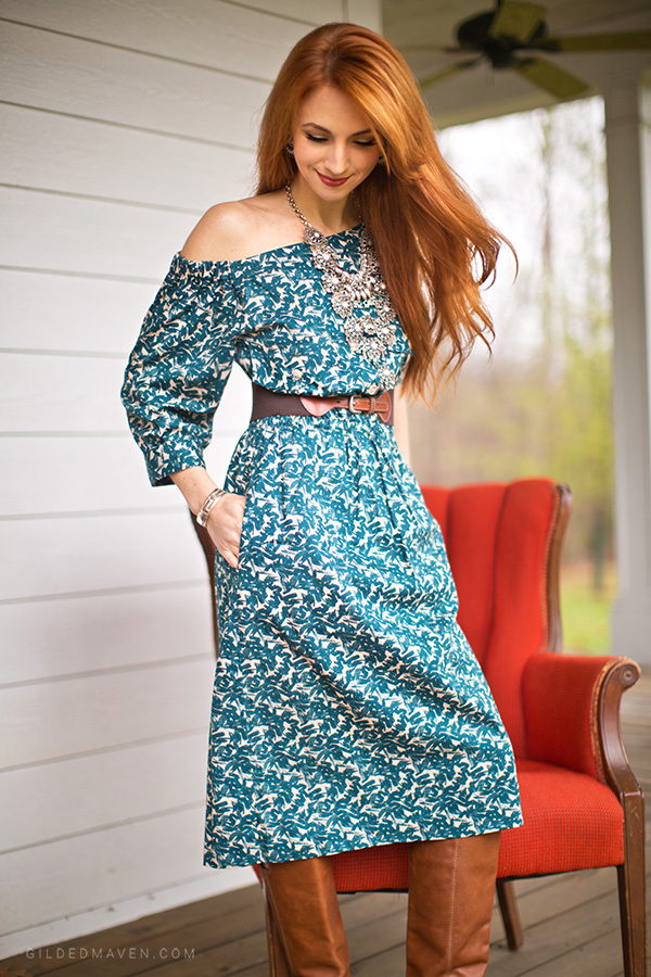 Off-the-shoulder teal dress | GildedMaven.com