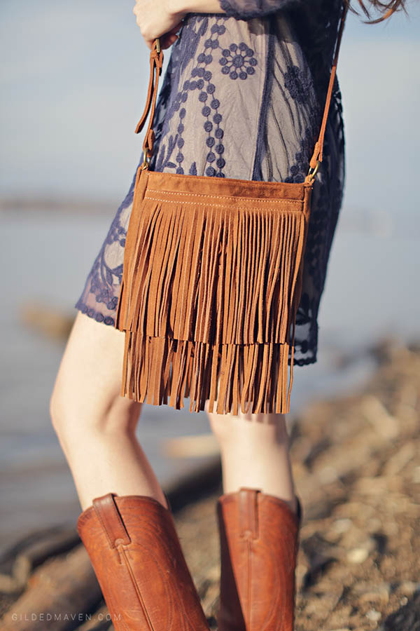 Blue embroidered dress, Frye Cowboy Boots and fringe! Love! 